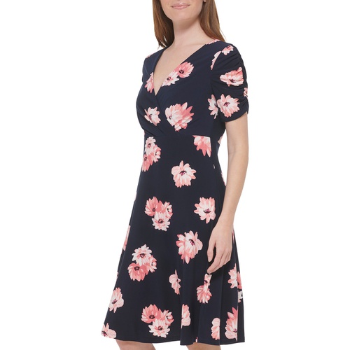 타미힐피거 Petite Floral-Print Ruched-Sleeve Dress