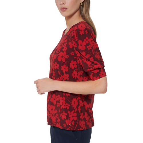 타미힐피거 Womens Floral Print Puff-Sleeve Top