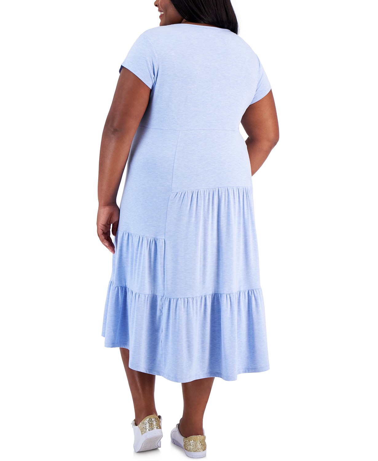 타미힐피거 Plus Size Solid Crewneck Tiered Midi Dress