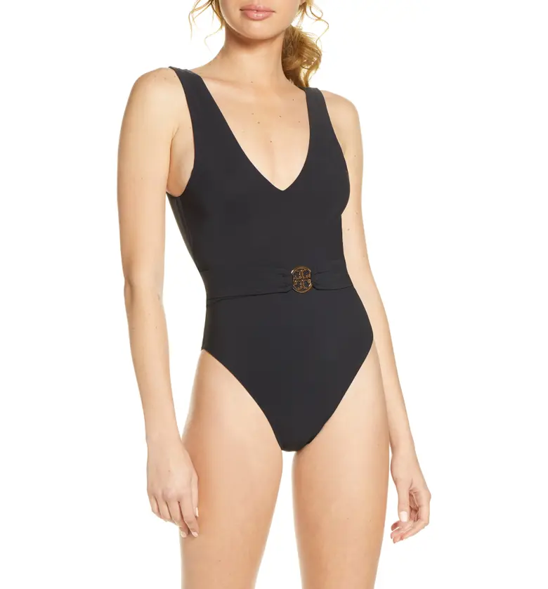 Tory Burch Miller Plunge One-Piece Swimsuit_BLACK