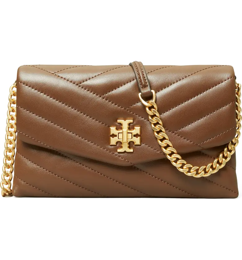 Tory Burch Kira Chevron Quilted Leather Wallet on a Chain_FUDGE / ROLLED BRASS
