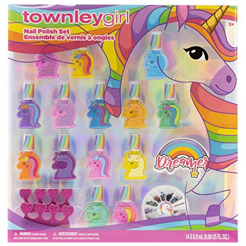  Townley Girl Unicorns and Llamacorns Non-Toxic Peel-Off Nail Polish Set for Girls, Glittery and Opaque Colors, with Nail Gems and Toe spacers, Ages 3+, for Parties, Sleepovers and