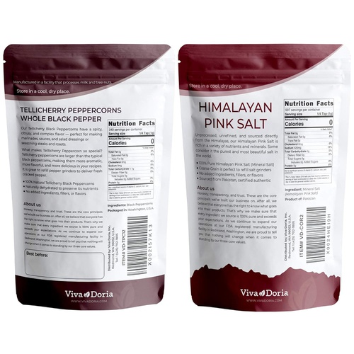 Viva Doria Tellicherry Peppercorn - Black Peppercorns (Steam Sterilized Whole Black Pepper) 12 oz and Himalayan Pink Salt (Coarse Grain) 2 lb for Grinder Refills
