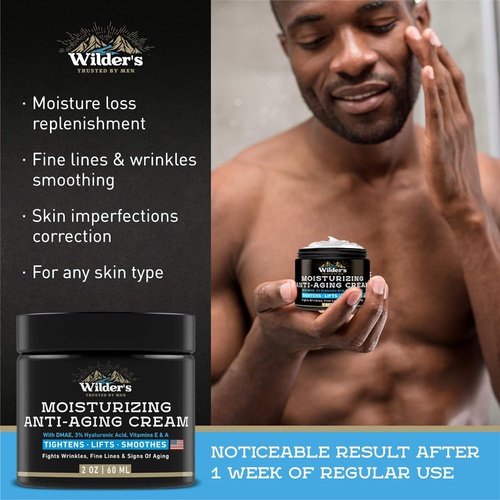  WILDER'S TRUSTED BY MEN Mens Face Cream Moisturizer - Anti Aging Facial Skin Care - Made in USA - Collagen, Retinol, Hyaluronic Acid - Day & Night - Anti Wrinkle Lotion 2 oz