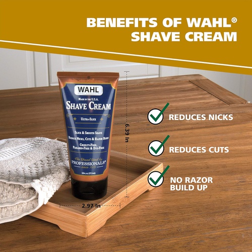  Wahl Shave Cream for Grooming Sensitive Skin with Essential Oils for Reducing Nicks, Cuts, & Razor Buildup - Manuka Oil, Meadowfoam Seed Oil, Clove Oil, & Moringa Oil  6 Oz