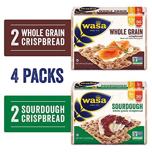  Wasa Swedish Crispbread Variety 4 Pack, Sourdough (Pack Of 2) & Whole Grain (Pack Of 2), All-Natural Crackers, Fat Free, No Saturated Fat, 0g of Trans Fat, No Cholesterol, Kosher C