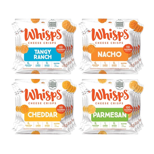  Whisps Cheese Crisps 24-Pack Variety Assortment | Tangy Ranch, Nacho, Cheddar, Parmesan | Keto Snack, Gluten Free, Sugar Free, Low Carb, High Protein | 0.63oz (24 Pack)