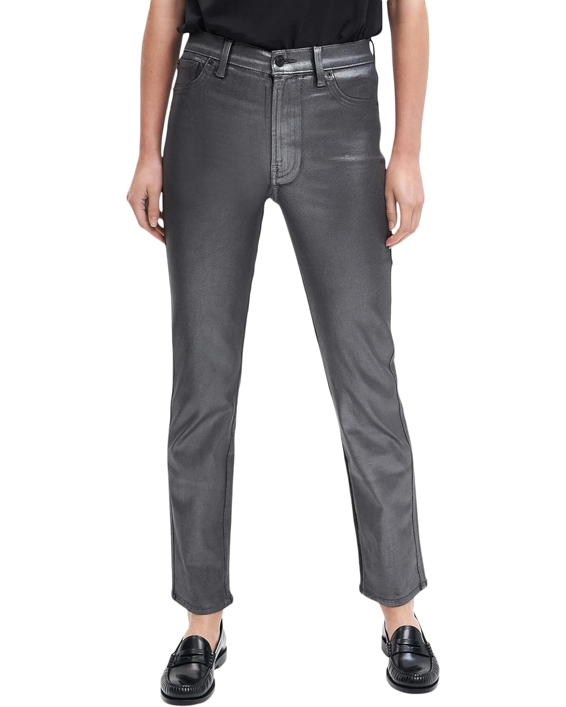 7 For All Mankind High-Waist Straight wu002F Faux Pockets in Coated Pewter