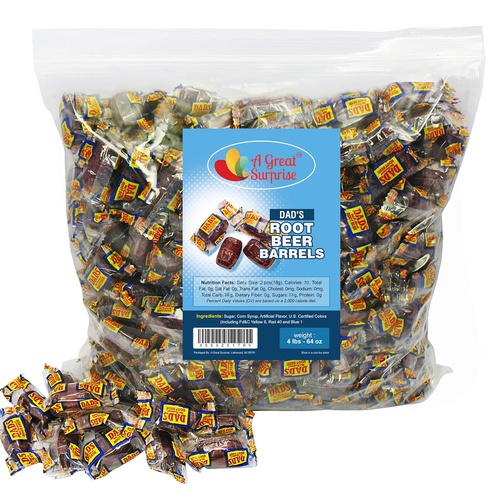  A Great Surprise Dads Root Beer Barrels - Washburn Hard Old Fashioned Candy Individually Wrapped, 4 LB Bulk Candy