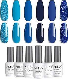 AILLSA Royal Blue Glitter Gel Nail Polish Set, 6 Colors Fall Winter Color Nail Polish Gel Soak Off Deep Dark Blue Gel Polish Kit for Starters