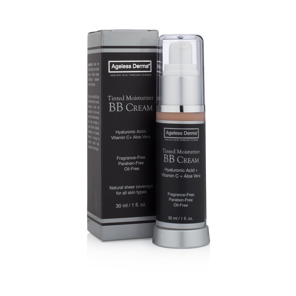  Ageless Derma BB Cream Face Tinted Moisturizer Foundation with Hyaluronic Acid and Vitamin C. Made in USA