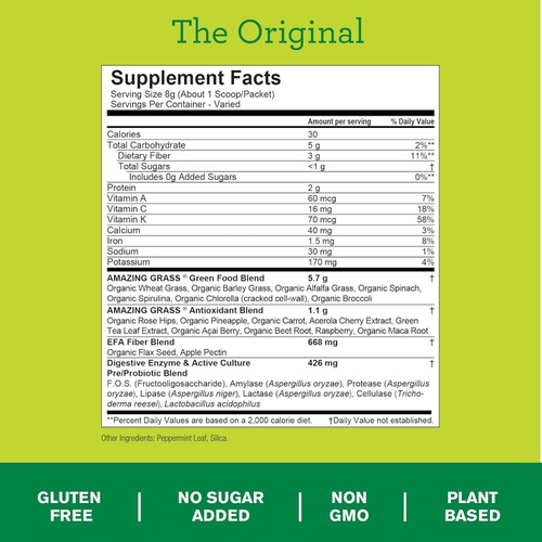  Amazing Grass Greens Blend Superfood: Super Greens Powder Smoothie Mix with Organic Spirulina, Chlorella, Beet Root Powder, Digestive Enzymes & Probiotics, Original, 30 Servings