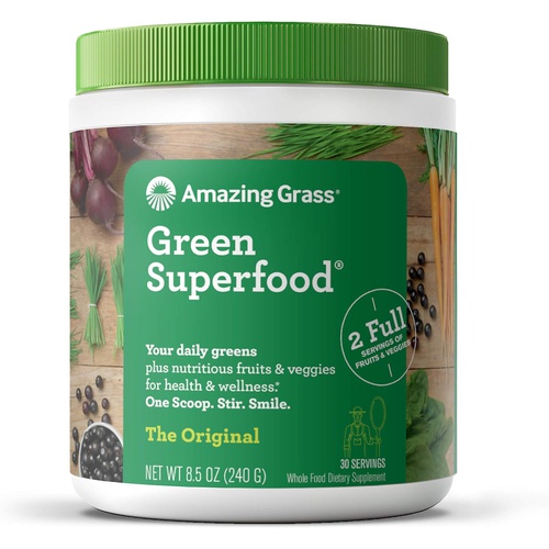  Amazing Grass Greens Blend Superfood: Super Greens Powder Smoothie Mix with Organic Spirulina, Chlorella, Beet Root Powder, Digestive Enzymes & Probiotics, Original, 30 Servings