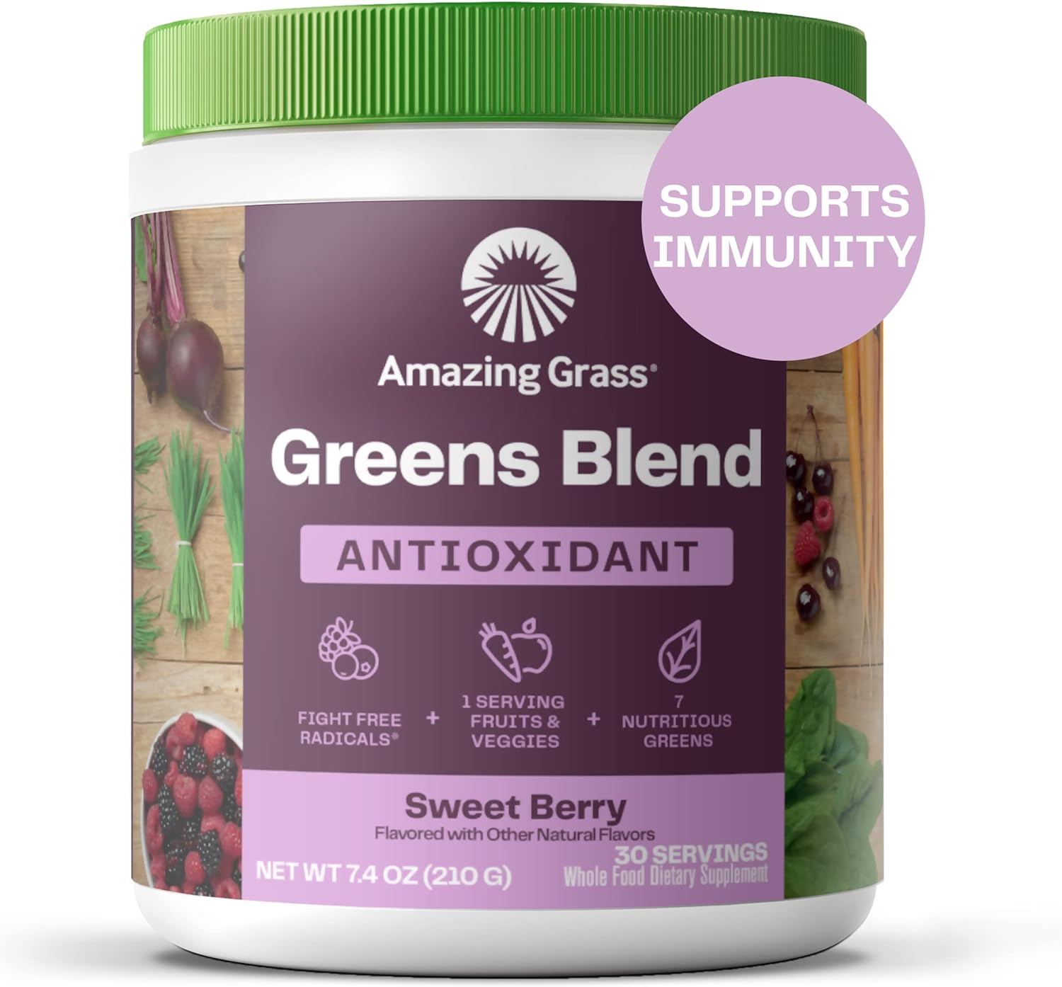 Amazing Grass Greens Blend Antioxidant: Super Greens Powder Smoothie Mix with Organic Spirulina, Beet Root Powder, Elderberry, Bilberry, Prebioitics & Probiotics, Sweet Berry, 30 S