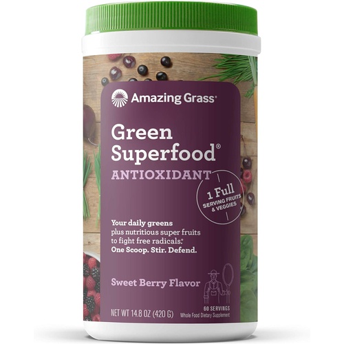  Amazing Grass Greens Blend Antioxidant: Super Greens Powder Smoothie Mix with Organic Spirulina, Beet Root Powder, Elderberry, Bilberry, Prebioitics & Probiotics, Sweet Berry, 30 S