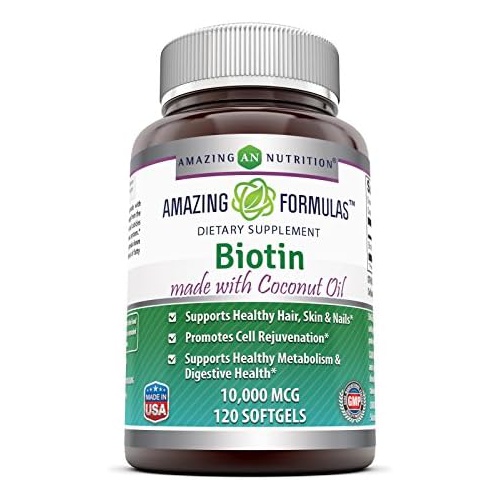  Amazing Nutrition Amazing Formulas Biotin 10,000 mcg with Extra Virgin Organic Coconut Oil, 120 Softgels (Non-GMO,Gluten Free) - Supports Healthy Hair, Skin & Nails - Promotes Cell Rejuvenation