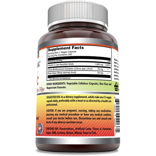  Amazing Nutrition Amazing Formulas Vitamin C (Ascorbic Acid) - 1000mg with Rose Hips & Citrus Bioflavonoids -Promotes Immune Function -Supports Healthy Aging -Non-GMO, Gluten Free (250 Veggie Capsul