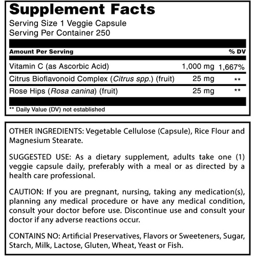  Amazing Nutrition Amazing Formulas Vitamin C (Ascorbic Acid) - 1000mg with Rose Hips & Citrus Bioflavonoids -Promotes Immune Function -Supports Healthy Aging -Non-GMO, Gluten Free (250 Veggie Capsul