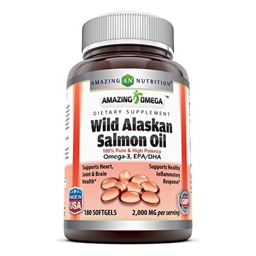  Amazing Nutrition Amazing Omega Wild Alaskan Salmon Oil Softgels (Non-GMO) - Supports Heart, Joint Health and Promotes Healthy inflammatory Response (2000 Mg Per Serving, 180 Count)