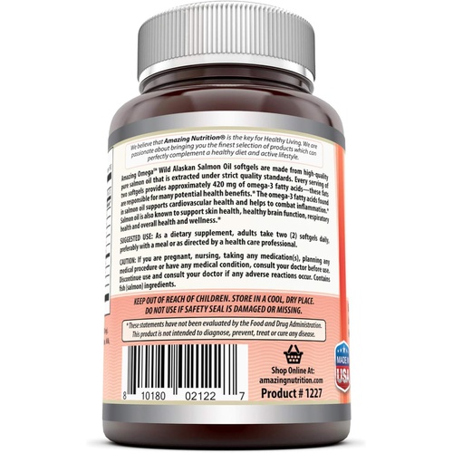  Amazing Nutrition Amazing Omega Wild Alaskan Salmon Oil Softgels (Non-GMO) - Supports Heart, Joint Health and Promotes Healthy inflammatory Response (2000 Mg Per Serving, 180 Count)