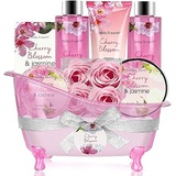 Bath Set for Women - Body&Earth 8 Pcs Gift Basket with Cherry Blossom & Jasmine Scent, Includes Bubble Bath, Shower Gel, Body & Hand Lotion, Bath Salts and More, Perfect Gifts Set