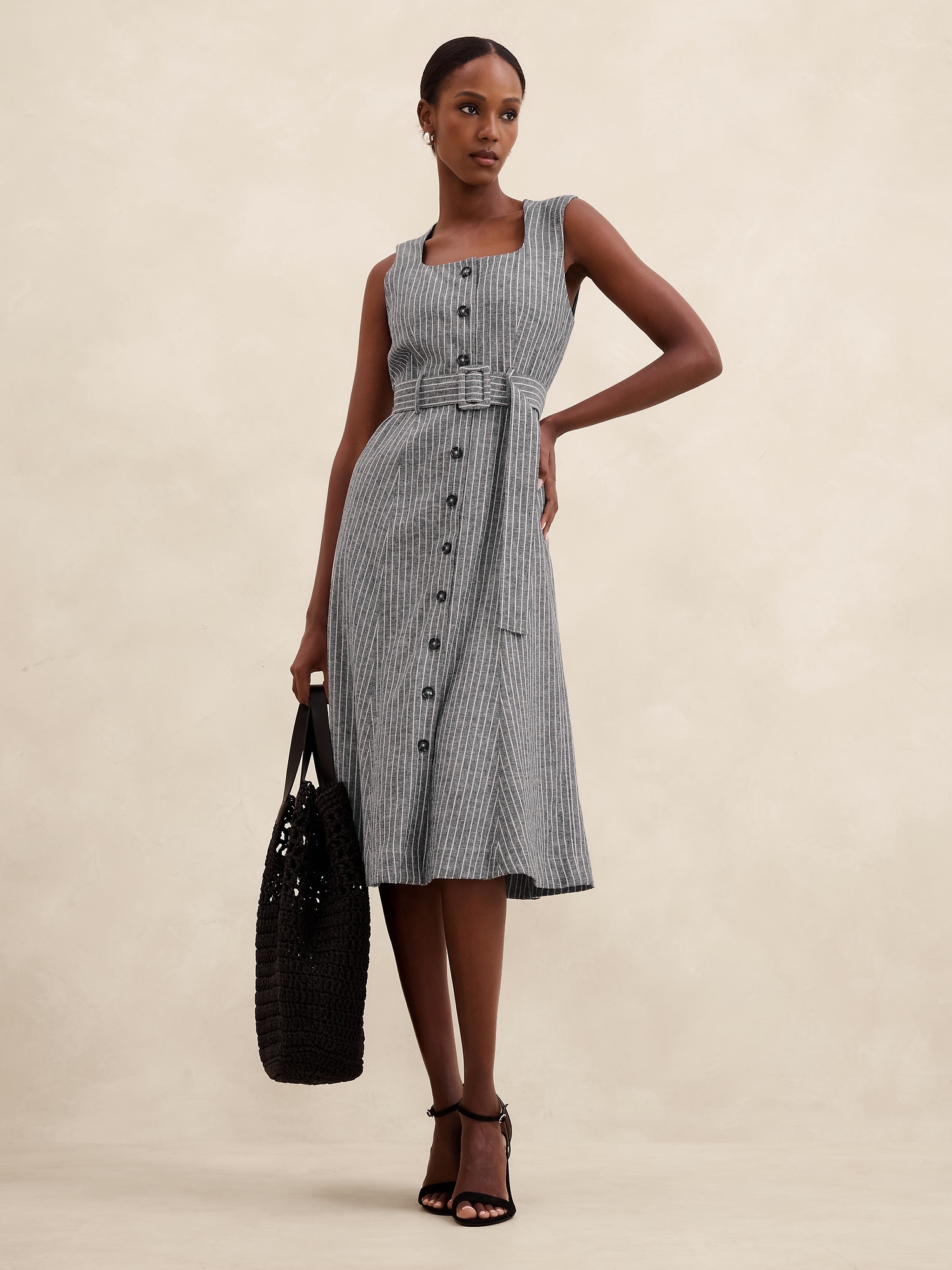 바나나리퍼블릭 Linen-Blend Button Midi Dress