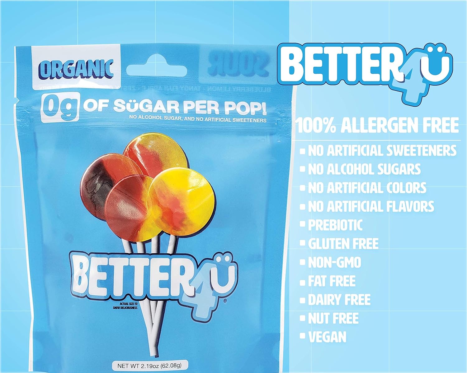  Better4UE Organic No Sugar Fruit Lollipops, Assorted Flavors, 2.19 Ounces