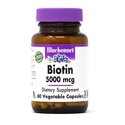  Bluebonnet Nutrition Biotin 5000 Mcg Vegetable Capsules, Biotin is a B Vitamin That Helps Make Keratin, Vegan, Vegetarian, Non GMO, Gluten Free, Soy Free, Milk Free, Kosher, 60 Veg