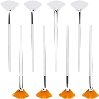 Boao 8 Pieces Fan Facial Brushes Fan Applicator Long Handle Makeup Brush Cosmetic Tools for Makeup (White, Orange)