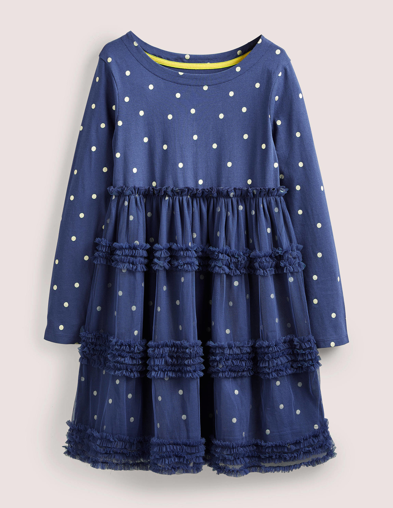 Boden Long Sleeve Jersey Tulle Dress - Starboard Blue/Gold Spot