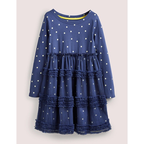 보덴 Boden Long Sleeve Jersey Tulle Dress - Starboard Blue/Gold Spot
