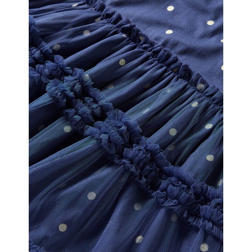 보덴 Boden Long Sleeve Jersey Tulle Dress - Starboard Blue/Gold Spot