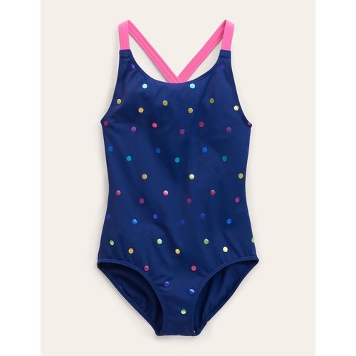 보덴 Boden Cross-back Printed Swimsuit - Navy, Rainbow Foil Confetti