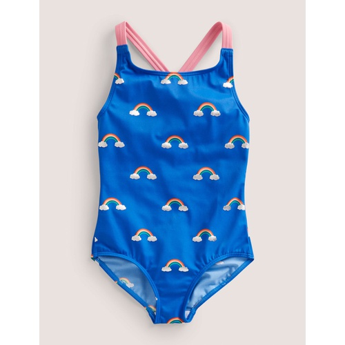 보덴 Boden Cross-back Printed Swimsuit - Cabana Blue Rainbow Clouds
