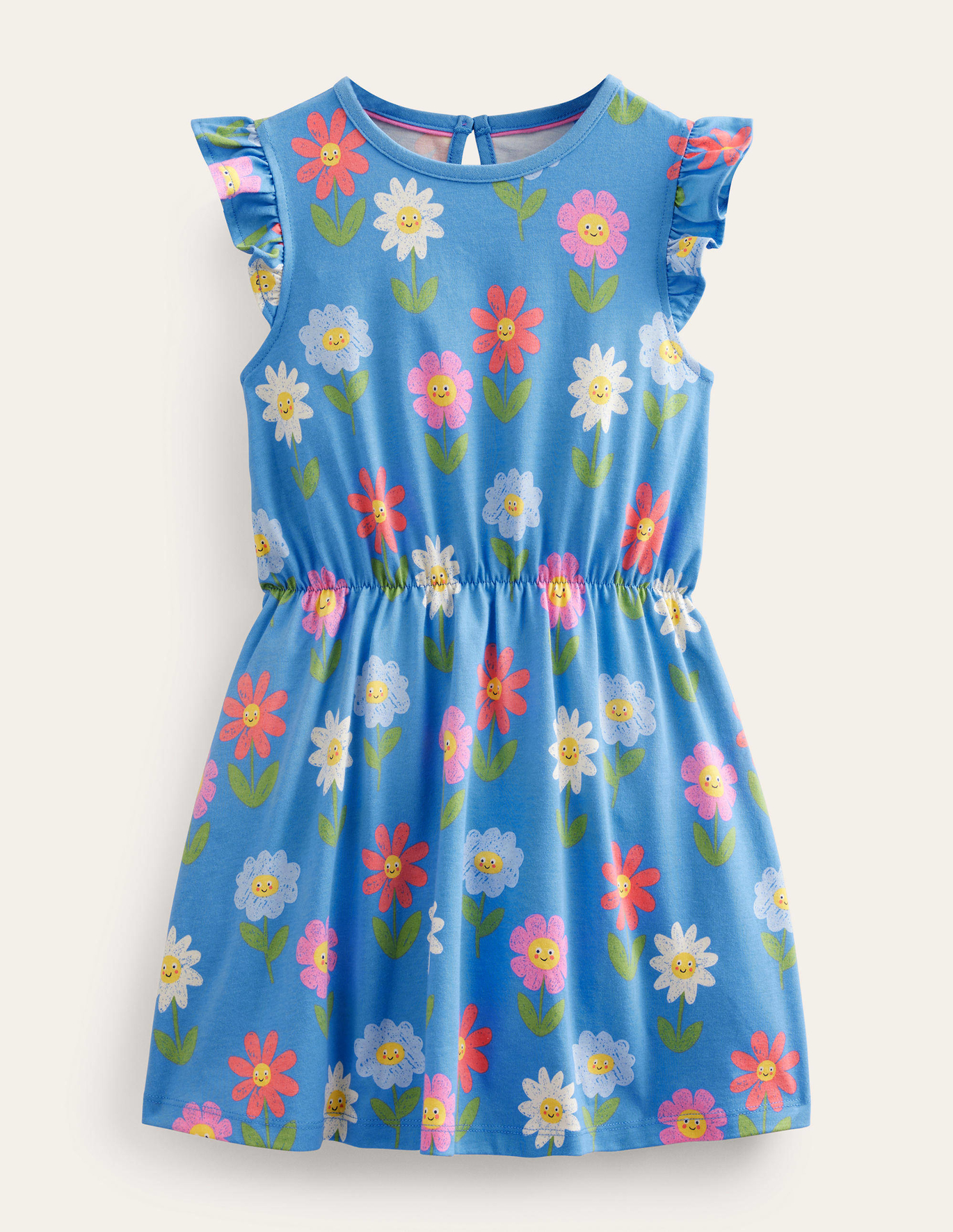 Boden Frill Sleeve Jersey Dress - Penzance Blue Flowers