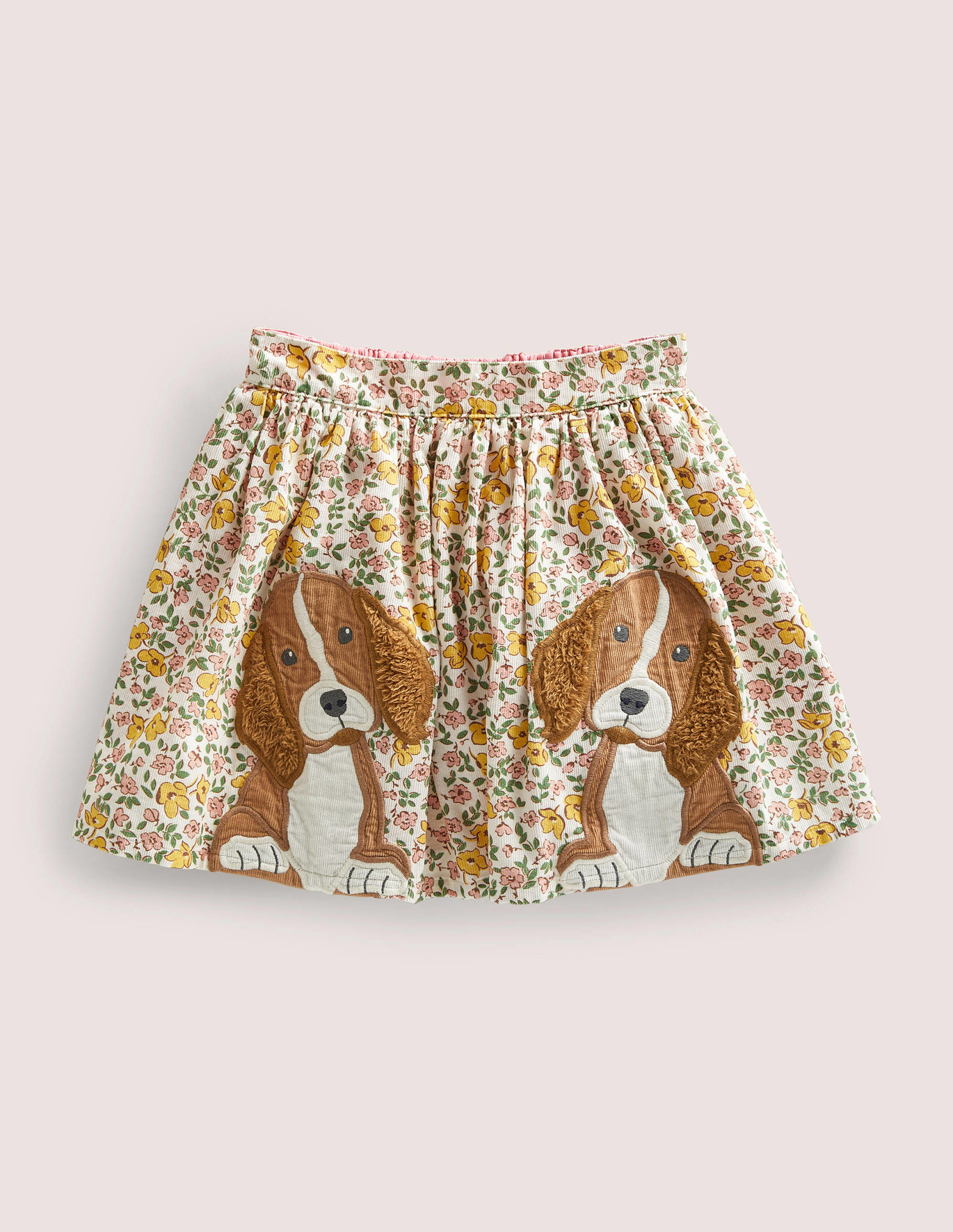 Boden Cord Applique Skirt - Vanilla Vintage Floral Puppies
