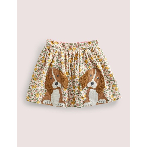 보덴 Boden Cord Applique Skirt - Vanilla Vintage Floral Puppies