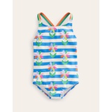 Boden Cross-back Printed Swimsuit - Cabana Blue Daisy Stripe