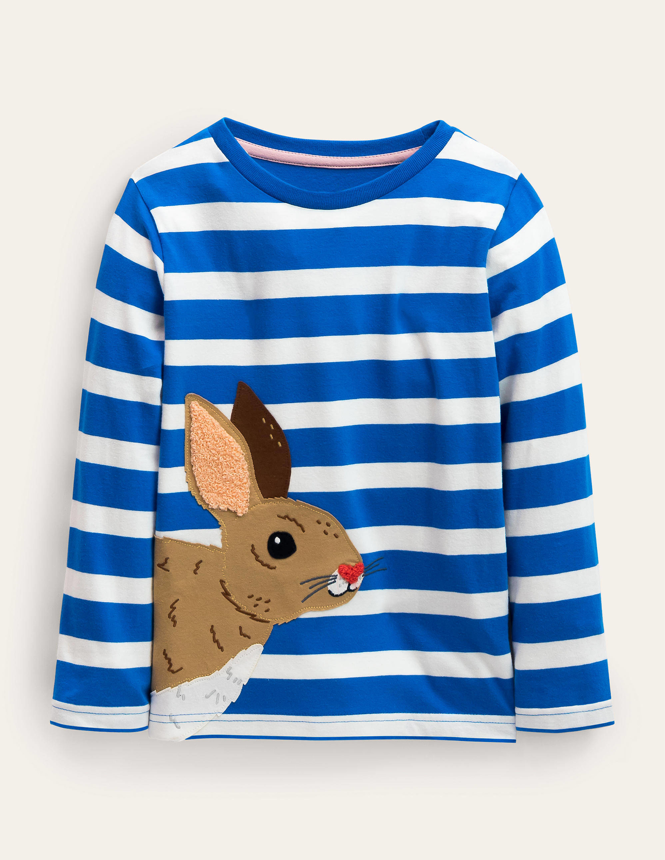 Boden Big Applique Striped T-shirt - Moroccan Blue/ Ivory Rabbit