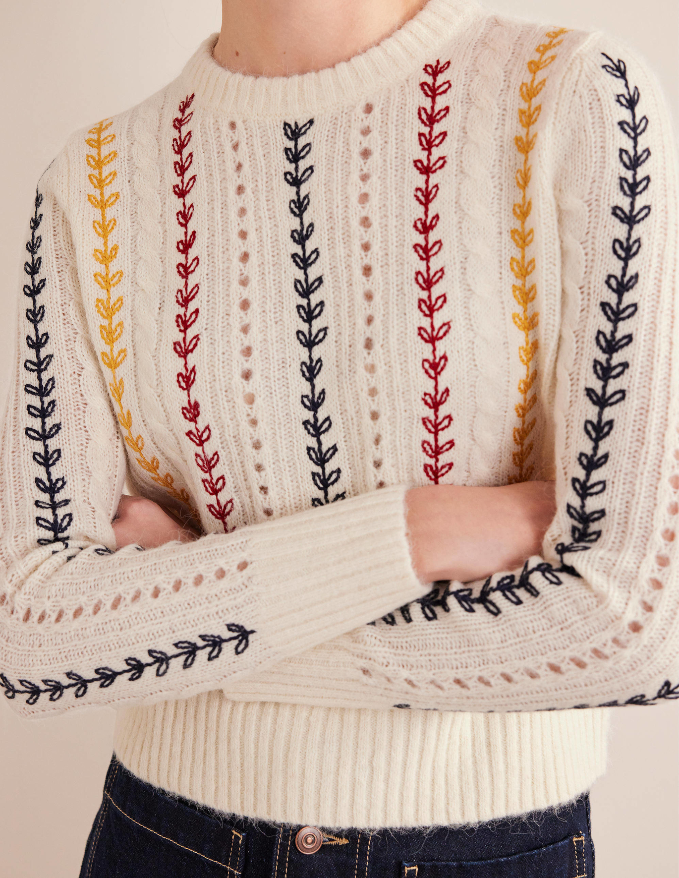 Boden Fluffy Embroidery Sweater - Warm Ivory
