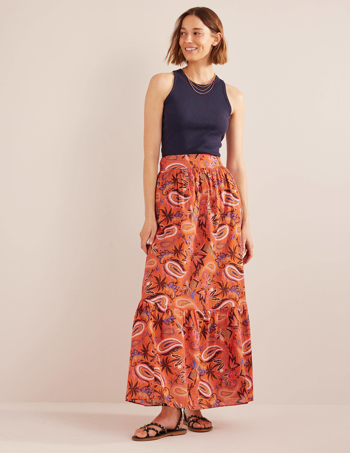 Boden TIERED COTTON MAXI SKIRT - Coral, Paradise Paisley