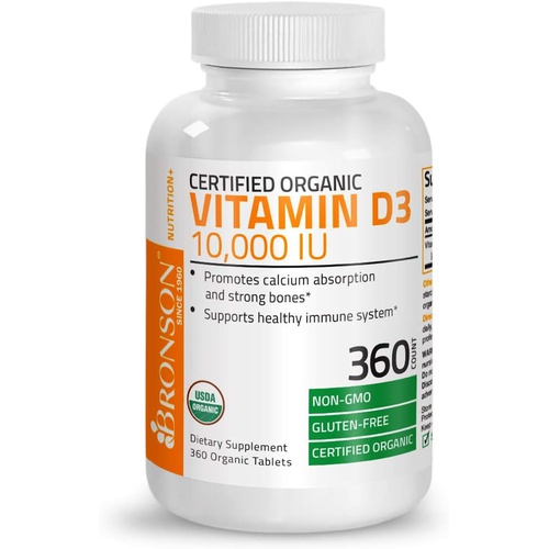  Bronson Vitamin D3 10,000 IU (250 mcg) 1 Year Supply for Immune Support, Healthy Muscle Function & Bone Health, High Potency Organic Non-GMO Vitamin D Supplement, 360 Tablets