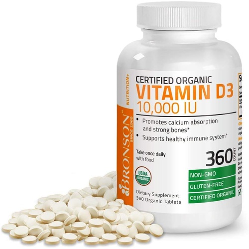  Bronson Vitamin D3 10,000 IU (250 mcg) 1 Year Supply for Immune Support, Healthy Muscle Function & Bone Health, High Potency Organic Non-GMO Vitamin D Supplement, 360 Tablets