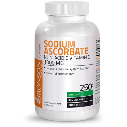  Bronson Sodium Ascorbate Non Acidic Vitamin C 1000 Mg Tablets - Gentle On The Stomach - Immune System Booster - Powerful Antioxidant - Non GMO Vitamin C Supplement, 250 Count