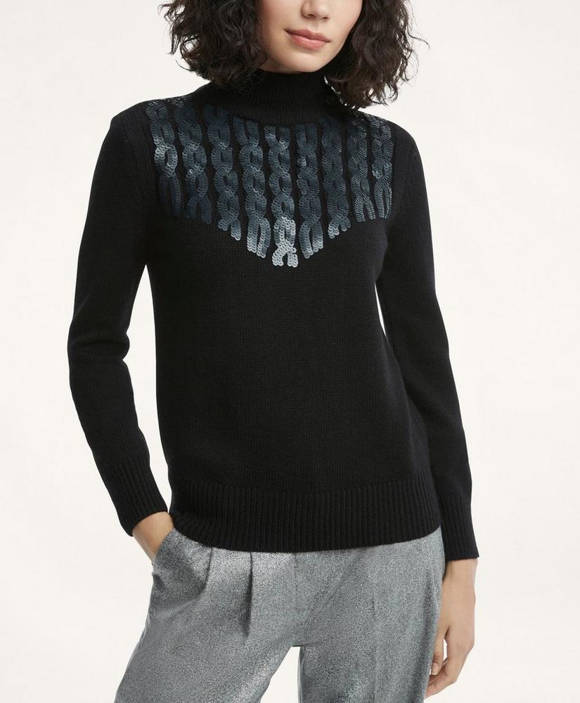 Merino Wool Sequin Mock Neck Buttoned Sweater