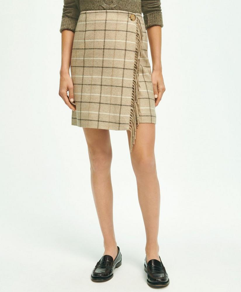 Wool Blend Windowpane Fringed Wrap Skirt