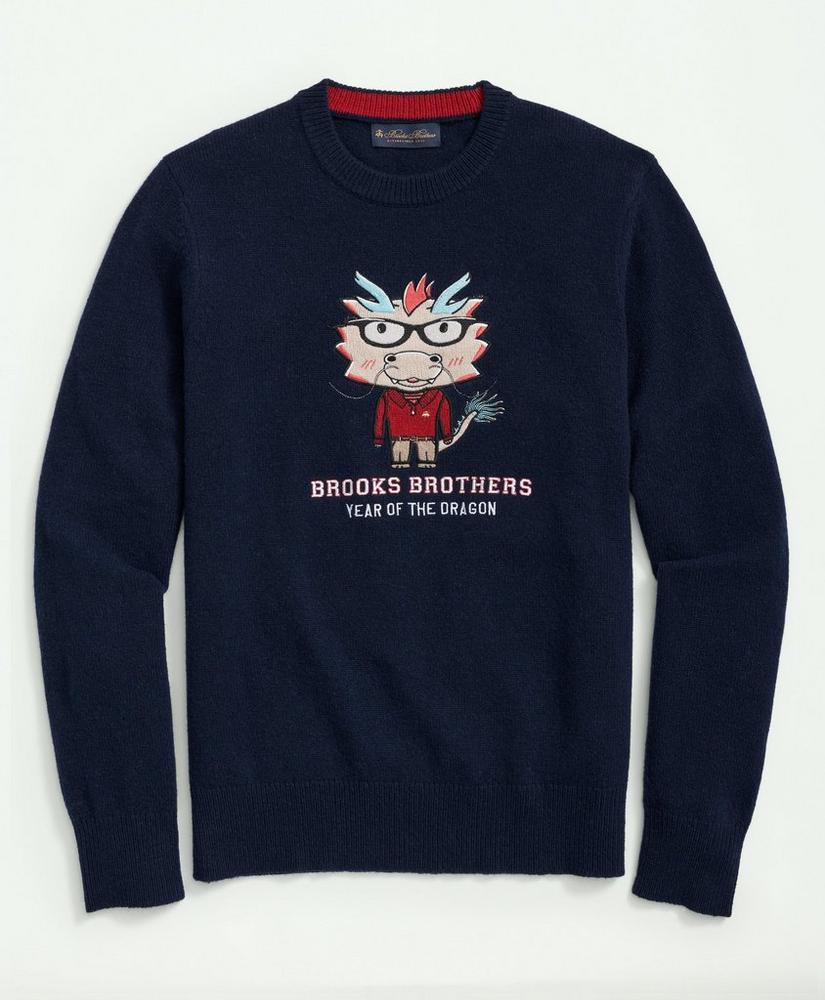 Mens Merino Wool Blend Crewneck Lunar New Year Dragon Embroidered Sweater