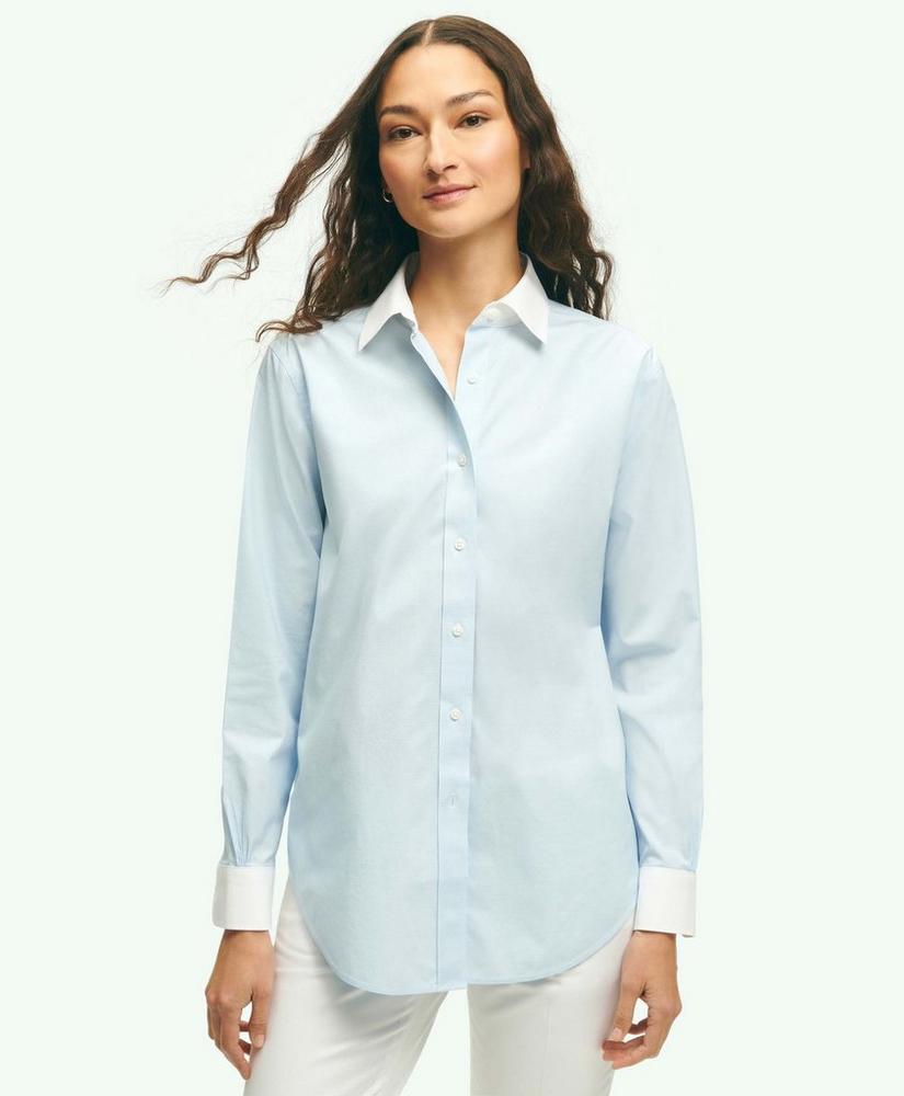 Relaxed Fit Non-Iron Stretch Supima Cotton Shirt with White Collar & Cuffs
