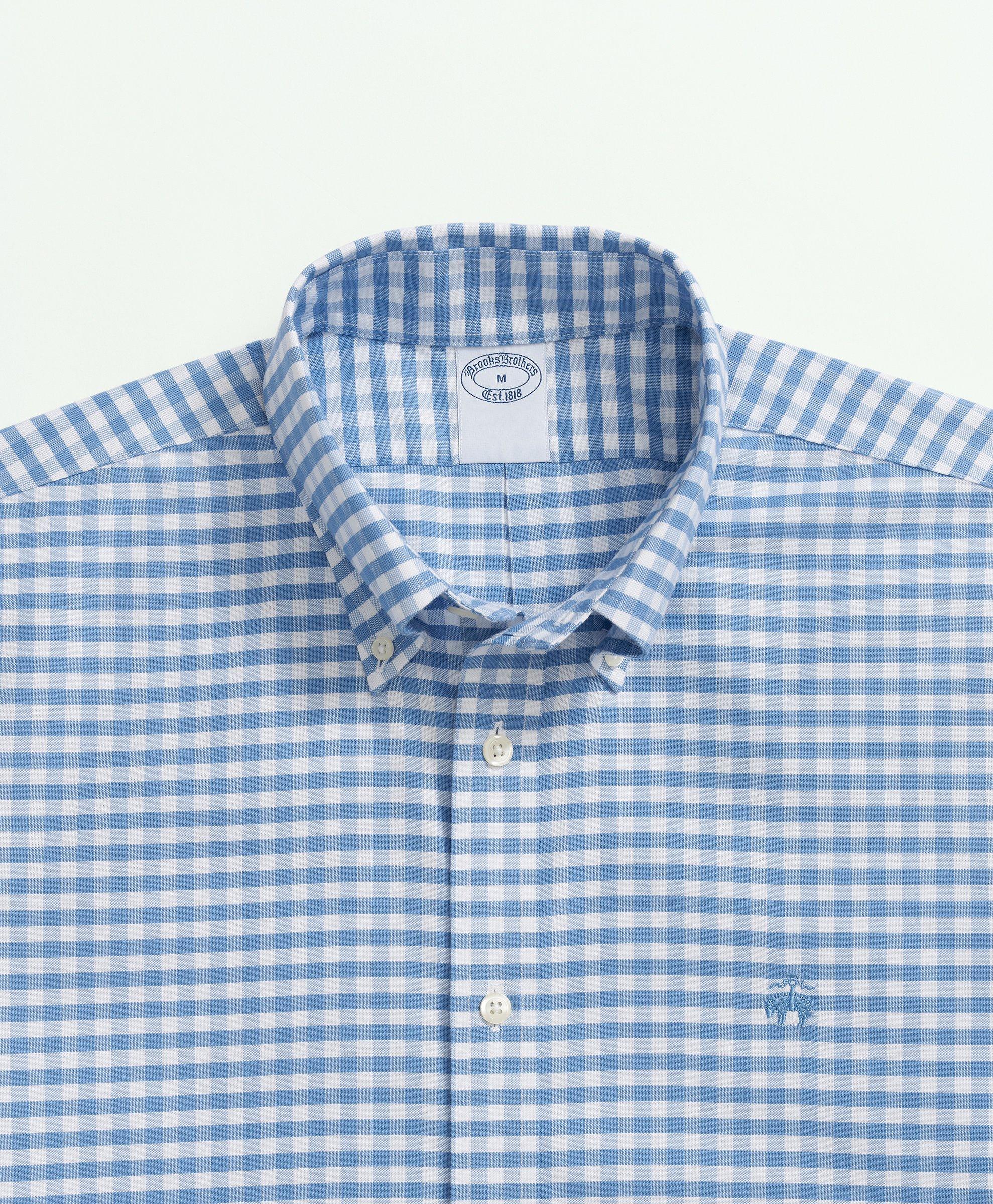 브룩스브라더스 Stretch Cotton Non-Iron Oxford Polo Button Down Collar, Gingham Short-Sleeve Shirt