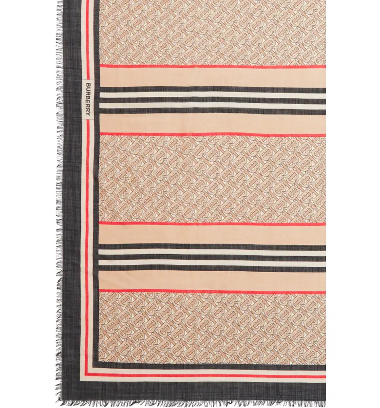 버버리 Burberry Large TB Monogram Stripe Wool & Silk Gauze Scarf_ARCHIVE BEIGE